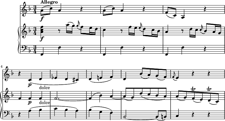 
\version "2.18.2"
\header {
  tagline = ##f
}
upper = \relative c'' {
                 \key f \major
                 \time 3/4
                 \tempo 4 = 140
                <a c f>4\f r8 a'16 (g)  \grace g16 (f8) e16 d
                c4 r8 f16 e  \grace e16 (d8) c16 bes
                a4 r8 d16 c  \grace c16 (bes8) a16 g
                f4 f\p f _\markup {dolce}  f2. ~ f4 (bes)
                a  ~ a8 (g) d' (c bes a)
                a (g) f\trill (e) d\trill (c)
            }
  
lower =  \relative c {
         \clef bass 
                  \key f \major
                  \time 3/4
           f,4 f' r  f,4 f' r  f,4 f' r
           r a (bes c bes a)
           bes (g f)
           bes,2 ~ bes8 (b)
           c4 r r
             }
      
 vl = \relative c'' {
              \key f \major
              \time 3/4
           a8\f ^ \markup {\bold {"Allegro"} } (c) a4 r
           a8 (c) a4 r
           f8 (c) a4 r
           r c\p (d_\markup {dolce} ees d cis)
           d (e! f)
           d bes'8 (a) g (f) 
           \grace f8 (e4) r r
                 }
                 
                 
\score {
    \new GrandStaff <<
      \new PianoStaff <<  
        \new Staff = "upper" \upper
        \new Staff = "lower" \lower
    >>
   \new Staff = "vl" \vl
    >>
    
    \layout {
    \context {
      \Score
      \remove "Metronome_mark_engraver"
    }
  }
  \midi { }
}
