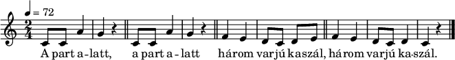 
{
   <<
   \relative c' {
      \key c \major
      \time 2/4
      \tempo 4 = 72
      \set Staff.midiInstrument = "electric piano 2"
      \transposition c'
%       A part alatt, a part alatt
        \repeat unfold 2 { c8 c a'4 g r \bar "||" }
%       három varjú kaszál, három varjú kaszál.
        f4 e d8 c d e \bar "||" f4 e d8 c d4 c r \bar "|."
      }
   \addlyrics {
        A part a -- latt, a part a -- latt
        há -- rom var -- jú ka -- szál, há -- rom var -- jú ka -- szál.
      }
   >>
}
