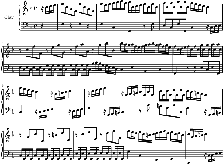 
\version "2.18.2"
\header {
  tagline = ##f
}

%% les petites notes
trillBesp     = { \tag #'print { bes4.\prall } \tag #'midi { c32 bes c bes~ bes4 } }

upper = \relative c'' {
  \clef treble 
  \key f \major
  \time 4/4
  \tempo 4 = 90
  \set Staff.midiInstrument = #"harpsichord"
  \override TupletBracket.bracket-visibility = ##f

      \partial 4
      %s8*0^\markup{Allegro}
      r16 c16 d e | \repeat unfold 2 { f8 c a f } | f'8 e16 f g a bes g a c, d e \repeat unfold 2 { f c }
      % ms. 3
      \repeat unfold 2 { g' c, } \repeat unfold 2 { a' c, } g'16 f e d c4 | r8 c f f, r8 e' g g, r8 f' a a, r8 g' bes bes, 
      % ms. 6
      bes'8 a16 g a f e f g a bes g a f g e | f c d e \repeat unfold 2 { f16 c } \repeat unfold 2 { g' c, } \repeat unfold 2 { a' c, } | g'16 f e d c4  r16 a b c d4
      % ms. 9
      r16 d16 e f g4 r16 g,16 a b \repeat unfold 2 { c16 g } | \repeat unfold 2 { d' g, } \repeat unfold 2 { e' g, } d'16 c b a g4 |   r8 g8 c c, r8 b'8 d d, |
      % ms. 12
      r8 c'8 e e, r8 d'8 f f, | f'8 e16 d e c b c d e f d e c d b | c g a b c4 s4

}

lower = \relative c' {
  \clef bass
  \key f \major
  \time 4/4
  \set Staff.midiInstrument = #"harpsichord"
  \override TupletBracket.bracket-visibility = ##f

    % ************************************** \appoggiatura \repeat unfold 2 {  } \times 2/3 { }
      \repeat unfold 3 { r4 f, } c4 f, r8 f'8 | 
      % ms. 3
      e8 c f f, c'4 r16 c16 d e | \repeat unfold 4 { f16 c } \repeat unfold 4 { g'16 c, } | \repeat unfold 4 { a'16 c, } bes'16 c bes a g f e d |
      % ms. 6
      c4 f bes, c | f, r8 f'8 e c f f, | c'4 r16 c16 d e f4 r16 d16 e f |
      % ms. 9
      g4  r16 g,16 a b c4 r8 c'8 | b g c c, g'4 r16 g,16 a b | \repeat unfold 4 { c16 g } \repeat unfold 4 { d'16 g, } |
      % ms. 12
      \repeat unfold 4 { e'16 g, } \repeat unfold 4 { f'16 g, } | g'4 c, f, g | c, r16 c'16 d e f4

}

thePianoStaff = \new PianoStaff <<
    \set PianoStaff.instrumentName = #"Clav."
    \new Staff = "upper" \upper
    \new Staff = "lower" \lower
  >>

\score {
  \keepWithTag #'print \thePianoStaff
  \layout {
      #(layout-set-staff-size 17)
    \context {
      \Score
     \override SpacingSpanner.common-shortest-duration = #(ly:make-moment 1/2)
      \remove "Metronome_mark_engraver"
    }
  }
}

\score {
  \keepWithTag #'midi \thePianoStaff
  \midi { }
}
