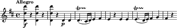 
\relative c' {
  \tempo "Allegro"
  \version "2.18.2"
  \key d \major
  <d d' d'>4\f r q r |
  q4 r d\p d |
  d4.\startTrillSpan( cis16\stopTrillSpan d) e4 fis |
  e4 r e e |
  e4.\startTrillSpan( d16\stopTrillSpan e) fis4 g |
  fis4 r
}
