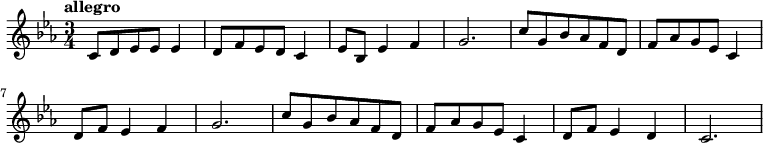 
{
% 0
 \tempo "allegro"
\numericTimeSignature \time 3/4 \key c \minor
 c'8 d'8 ees'8 ees'8 ees'4 d'8 f'8 ees'8 d'8 c'4 ees'8 bes8 ees'4 f'4 g'2.

% 2

c''8 g'8 bes'8 aes'8 f'8 d'8 f'8 aes'8 g'8 ees'8 c'4 d'8 f'8 ees'4 f'4 g'2. c''8 g'8 bes'8 aes'8 f'8 d'8 f'8 aes'8 g'8 ees'8 c'4 d'8 f'8 ees'4 d'4 c'2.
\bar "|"
}
