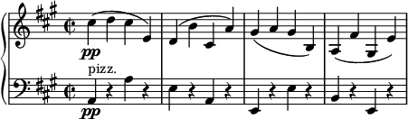 
{ \new PianoStaff <<
\new Staff \relative cis'' { \set Staff.midiInstrument = #"piano" \key a \major \clef treble \time 2/2 \set Score.tempoHideNote = ##t \tempo 2 = 90
  cis4 \pp ( d4 cis4 e,4 ) | % 2
  d4 ( b'4 cis,4 a'4 ) | % 3
  gis4 ( a4 gis4 b,4 ) | % 4
  a4 ( fis'4 gis,4 e'4 )
  }
\new Staff \relative a, { \set Staff.midiInstrument = #"piano" \key a \major \clef bass \time 2/2
  a4 \pp ^"pizz." r4 a'4 r4 | % 2
  e4 r4 a,4 r4 | % 3
  e4 r4 e'4 r4 | % 4
  b4 r4 e,4 r4 }
>> }
