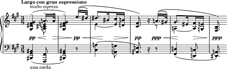 
\relative c'' {
 \new PianoStaff <<
  \new Staff {
   \key a \major \time 3/8 \set Score.tempoHideNote = ##t \tempo "Largo con gran espressione" 16=66
   <<
    {
     \set subdivideBeams = ##t
     \set baseMoment = #(ly:make-moment 1/8)
     \set beatStructure = 2,2,2,2
     <gis fis dis gis,>4-- ^\markup { \italic { molto espress. } } ( a!16.-- a32--
     <gis fis dis gis,>4--)
     \shape #'((0 . 0.5) (-1 . 1.5) (0 . 0) (0 . 0)) Slur
     e'16.( ^\( dis32\) dis8. bis16 <cis e,> <b d,!>
     <fis cis>8.) b16\rest
     \shape #'((0 . 0.5) (-1 . 1.5) (0 . 0) (0 . 0)) Slur
     a!16.( ^\( gis!32\) gis8. eis16 <fis a,> <e! g,> <b fis>8.)
    }
   \\
    {
     s4 <e! cis! a!>8 s4. e4~ \once \hideNotes e16 s s4 r8 a,!4~ \once \hideNotes a16
    }
   >>
  }
  \new Dynamics {
   s4\pp \< s16.\! s32\> s4 s8\pp \< s8 s16\! s s\> s
   s8.\pp s16 s\ppp \< s s s16\! s s s\> s s8.\ppp
  }
  \new Staff {
   \key a \major \time 3/8 \clef bass
   <bis, gis bis,>4( _\markup { una corda } <fis fis,>8 <bis gis bis,>4) r8
   <a'! cis,>4( <g a,!>8 <e! ais,>8.) r16 r8 
   <d! fis,>4( <c d,!>8 <a! dis,>8.)
  }
 >>
}
