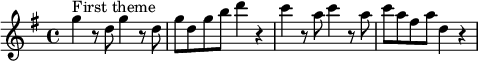 
\layout { \set Score.tempoHideNote = ##t line-width = 12\cm }
\relative c''' { 
  \set Staff.midiInstrument = #"string ensemble 1"
  \tempo 4 = 148
  \key g \major
  \time 4/4
  g4^"First theme" r8 d8 g4 r8 d8 | g8 d g b d4 r4 | c4 r8 a8 c4 r8 a8 | c8 a fis a d,4 r4 |
}
