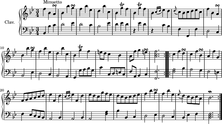 
\version "2.18.2"
\header {
  tagline = ##f
  % composer = "Domenico Scarlatti"
  % opus = "K. 42"
  % meter = "Minuetto"
}

%% les petites notes
trillGUp      = { \tag #'print { g'4\trill } \tag #'midi { a32 g a g~ g8 } }
turnA         = { \tag #'print { a4\turn } \tag #'midi { \times 2/3 { bes16 a g } a8 } }
turnG         = { \tag #'print { g4\turn } \tag #'midi { \times 2/3 { a16 g f } g8 } }
turnE         = { \tag #'print { e4\turn } \tag #'midi { \times 2/3 { f16 e d } e8 } }
turnD         = { \tag #'print { d4\turn } \tag #'midi { \times 2/3 { ees16 d c } d8 } }
turnBesDown   = { \tag #'print { bes,4\turn } \tag #'midi { \times 2/3 { c16 bes a } bes8 } }
trillBesMor   = { \tag #'print { bes2.\mordent } \tag #'midi { a4 bes32 a bes16~ bes8~ \tempo 4 = 62 bes4 } }

upper = \relative c'' {
  \clef treble 
  \key bes \major
  \time 3/4
  \tempo 4 = 112
  \set Staff.midiInstrument = #"harpsichord"
  \override TupletBracket.bracket-visibility = ##f

  \repeat volta 2 {
      s8*0^\markup{Minuetto}
      f4 bes, \turnA | bes4 bes' \turnG | f4 bes ees, | d bes' c, | \repeat unfold 2 { bes \trillGUp f4 } |
      % ms. 7
      bes,4 \grace {   \tempo 4 = 62 c16( d }   \tempo 4 = 112 ees4) d4 | \appoggiatura d8 c8 bes c d ees c | f4 bes, \turnA | bes4 bes' \turnG | 
      % ms. 11
      f4 bes ees, | d bes' c, | bes \trillGUp f4 | e8 d c4 bes | a8 f' g4 \turnE | < a, c f >2. }%reprise
      % ms. 17
  \repeat volta 2 {
      c4 f \turnD | c4 f \turnBesDown | a4 f' g, | f8 g a bes c d | ees4 f, d' | \grace {   \tempo 4 = 62 c16( d }   \tempo 4 = 112 ees4) f, d' |
      % ms. 23
      ees8 d c g' f ees | d c bes c d ees | f4 bes \turnG | f4 bes ees, | \appoggiatura ees8 d4 c8 bes c a | \trillBesMor   \tempo 4 = 112 }%reprise

}

lower = \relative c' {
  \clef bass
  \key bes \major
  \time 3/4
  \set Staff.midiInstrument = #"harpsichord"
  \override TupletBracket.bracket-visibility = ##f

  \repeat volta 2 {
    % ************************************** \appoggiatura a8  \repeat unfold 2 {  } \times 2/3 { }   \omit TupletNumber 
      bes,4 bes' c | d2 ees4 | d2 c4 | bes2 ees4 | d ees d | 
      % ms. 6
      r4 ees4 d | r4 c4 bes | f f, f' | d2 c4 | bes2 ees4
      % ms. 11
      d2 c4 | bes2 a4 | g g'8 a bes g | c4 c,8 d e c | f a, bes4 c | < f, f' >2. }%reprise
      % ms. 27
  \repeat volta 2 {
      < f' a >2 bes4 | a2 g4 | f2 e4 | f ees8 d c bes | \repeat unfold 2 { a2 bes4 } | 
      % ms. 23
      a2 < f' a >4 | bes bes, c | d2 ees4 | d2 c4 | bes ees f | < bes, d f >2. }%reprise

}

thePianoStaff = \new PianoStaff <<
    \set PianoStaff.instrumentName = #"Clav."
    \new Staff = "upper" \upper
    \new Staff = "lower" \lower
  >>

\score {
  \keepWithTag #'print \thePianoStaff
  \layout {
      #(layout-set-staff-size 17)
    \context {
      \Score
     \override SpacingSpanner.common-shortest-duration = #(ly:make-moment 1/2)
      \remove "Metronome_mark_engraver"
    }
  }
}

\score {
  \unfoldRepeats
  \keepWithTag #'midi \thePianoStaff
  \midi { }
}
