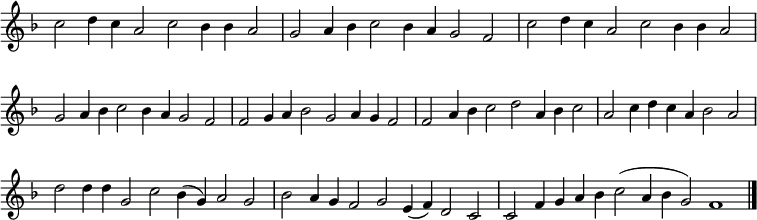 
{ \key f \major
\set Score.tempoHideNote = ##t
\tempo 2=72
\set Staff.midiInstrument = "english horn"
\omit Score.TimeSignature
\override Score.BarNumber  #'transparent = ##t
\cadenzaOn
\relative c'' {
\repeat unfold 2 { c2 d4 c a2 c bes4 bes a2 \bar"|"
g2 a4 bes c2 bes4 a g2 f \bar"|" }

f2 g4 a bes2 g a4 g f2 \bar"|"
f2 a4 bes c2 d a4 bes c2 \bar"|"

a2 c4 d c a bes2 a \bar"|"

d2 d4 d g,2 c bes4( g) a2 g \bar"|"
bes2 a4 g f2 g e4 (f) d2 c \bar"|"

c2 f4 g a bes c2( a4 bes g2) f1 \bar "|."}
}
