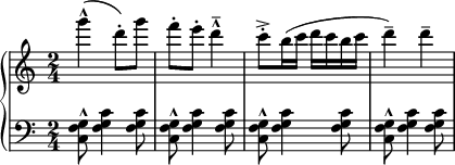 
 { \new PianoStaff <<
    \new Staff = "RH" \relative c'''' { \clef treble \key c \major \time 2/4 
       g4-^( d8-.) g | f-. e-. d4^^-- | c8-.^> b16( c d c b c | d4--) d-- | }
    \new Staff = "LH" \relative c' { \key c \major \time 2/4 \clef bass 
        <g f c>8^^ <c g f>4 <c g f>8 |<g f c>8^^ <c g f>4 <c g f>8 |<g f c>8^^ <c g f>4 <c g f>8 |<g f c>8^^ <c g f>4 <c g f>8 |} 
   >> }
