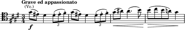 \relative c'' {
\key cis \minor
\time 3/4
\tempo "Grave ed appassionato"
\clef "tenor" 
gis8(\f^\markup{\center-align \smaller (Vc.)} eis) dis4 \tuplet 3/2 { dis8-.( eis-. fis-.) } | gis8( eis) dis4 \tuplet 3/2 { dis8-.( eis-. fis-.) } |
gis8(\< ais) ais4.( b8) | b(\> cis b a!) gis4\! |
}