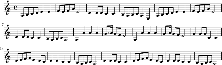 \relative c' { a8 b c d e4 e f8 e f a e2 d4 d8 d c4 c b8 a b c a4 e a8 b c d e4 e f8 e f a e2 d4 d8 d c4 c b8 a b c a2 a4 a' a a g8. a16 g8 f e2 a,4 a' a a g8. a16 g8 f e2 g4 g8 g c,4 c d8 e f g e4 d8 c d4 d c c b8 a b c a2 d4 d8 d c4 c d8 e f g e4 d8 c d4 d8 d c4 c b8 a b c a2}