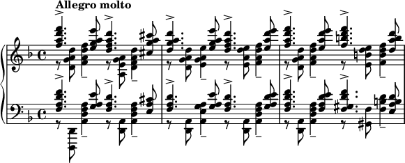 
\layout {
	#(layout-set-staff-size 16)
}
\relative c'' {
	\new PianoStaff <<
		\new Staff {
			\key d \minor
			<<
				{ <f a d f>4.^\markup{\bold{Allegro molto}}-> <e g a e'>8
				<d f a d>4.-> <cis g' a cis>8
				<d g a d>4.-> <e g a e'>8
				<d f a d>4.-> <e a d e>8
				<f a d f>4.-> <e a d e>8
				<f b d f>4.-> <d a' b d>8 }
				\\
				{ r8 <d, g a d> <f a d f>4--
				r8 <a, e' g a> <d f a d>4--
				r8 <d g a d> <e g a e'>4--
				r8 <e a d e> <f a d f>4--
				r8 <d g a d> <f a d f>4--
				r8 <e b' d e> <f b d f>4-- }
			>>
		}
		\new Staff {
			\key f \major
			\clef bass
			<<
				{ <f, a d f>4.-> <g a e'>8
				<f a d>4.-> <e a cis>8
				<f a d>4.-> <g a e'>8
				<f a d>4.-> <g a d e>8
				<f a d f>4.-> <f a d e>8
				<f gis d' f>4.-> <e a b d>8 }
				\\
				{ r8 <d,, d'> <a'' d f a>4--
				r8 <d, a'> <a' d f a>4--
				r8 <d, a'> <a' e' g a>4--
				r8 <d, a'> <a' d f a>4--
				r8 <d, a'> <a' d f a>4--
				r8 <gis f'> <f' b d>4-- }
			>>
		}
	>>
}