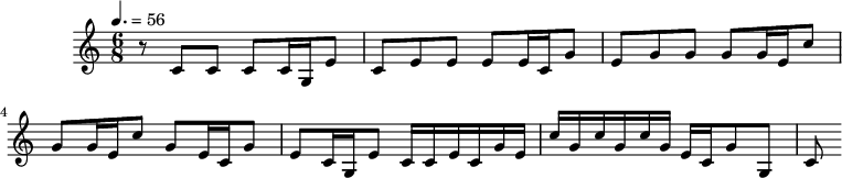 
\header {
  tagline = ##f
}

\score {
  \new Staff \with {

  }
<<
  \relative c' {
    \key c \major
    \time 6/8
    \override TupletBracket #'bracket-visibility = ##f 
    %\autoBeamOff
    \tempo 4. = 56
    \set Staff.midiInstrument = #"trumpet"
     %%%%%%%%%%%%%%%%%%%%%%%%%% BWV 31a
     r8 c8 c c c16 g e'8 
     c8 e e e e16 c g'8 
     e g g g g16 e c'8 
     g g16 e c'8 g e16 c g'8 
     e c16 g e'8 c16 c e c g' e 
     c' g c g c g e c g'8 g, c

  }
>>
  \layout {
    \context {
      \remove "Metronome_mark_engraver" 
    }
  }
  \midi {}
}
