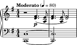  { \new PianoStaff << \new Staff \relative c' { \clef treble \numericTimeSignature \time 4/4 \key g \major \tempo "Moderato" 4 = 80 r2 <fis d>4.\p( <e a,>8 | <fis d>4. <e a,>8 <fis d>2) } \new Staff \relative c { \clef bass \key g \major \numericTimeSignature \time 4/4 <c c,>1~ | <c c,>2. s4 } >> } 