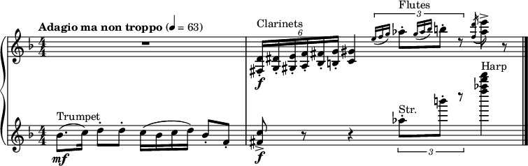 
{  \new PianoStaff << \relative fis {
  \clef "treble" \numericTimeSignature\time 4/4 \key f \major | % 1
  \tempo "Adagio ma non troppo" 4=63 R1 | % 2
  \once \omit TupletBracket
  \times 4/6 {
    \stemUp <fis d'>16 _. [ _\f ^ "Clarinets" \stemUp <g dis'>16 _.
    \stemUp <gis e'>16 _. \stemUp <a f'>16 _. \stemUp <bes fis'>16
    _. \stemUp <b g'>16 _. ] }
  \stemUp <c gis'>4 \times 2/3 {
    \grace { \stemUp e'16*3/2 ( [ \stemUp f16*3/2 \stemUp g16*3/2 )
      ] } \stemDown as8 ^. ^
    "Flutes" [ \grace { \stemUp g16*3/2 ( [ \stemUp
      as16*3/2 \stemUp bes16*3/2 ) ] } \stemDown b8 ^. ] d,8 \rest }
  \acciaccatura { \stemUp <f d'>16 ( } \stemDown <as e'>8 ) ^> r8 \bar
  "|."
  }
  \new Staff \relative bes' {
  \clef "treble" \numericTimeSignature\time 4/4 \key f \major | % 1
  \stemDown bes8. ( [ _\mf ^ "Trumpet" \stemDown c16 ) ] \stemDown d8
  ^. [ \stemDown d8 ^. ] \stemDown c16 ( [ \stemDown bes16 \stemDown c16
  \stemDown d16 ) ] \stemUp bes8 _. [ \stemUp f8 _. ] | % 2
  \stemUp <fis c'>8 _> _\f r8 r4 \times 2/3 {
    \stemDown <as'>8 ^. [ ^ "Str." \stemDown <b'>8 ^. ] d8
    \rest }
  \stemDown <f as d f>4 ^ "Harp" \bar "|."
  } >> }
  