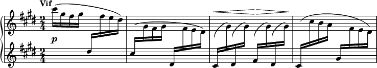  { \new PianoStaff << 
\new Staff = "right" {\time 2/4 \key cis \minor \set Score.tempoHideNote = ##t \tempo "Vif" 4=144 \relative c'''
{cis16( gis fis gis \change Staff = "left" dis \change Staff = "right" fis e dis) 
\change Staff = "left" \stemUp cis16( \change Staff = "right" \stemDown gis fis gis \stemNeutral
\change Staff = "left" dis \change Staff = "right" fis e dis) 
\dynamicUp \override DynamicLineSpanner.padding = #3.0
\change Staff = "left" cis(\< \change Staff = "right" gis') \change Staff = "left" dis( \change Staff = "right" gis) 
\change Staff = "left" fis(\> \change Staff = "right" gis) \change Staff = "left" dis( \change Staff = "right" gis)\! 
\shape #'((0 . 4) (0 . -1) (0 . -3) (0 . 0.5)) Slur
\change Staff = "left" cis,( \change Staff = "right" cis' b a 
\change Staff = "left" \stemUp gis \change Staff = "right" \stemDown fis e dis)}
}
\new Dynamics {s2\p s2 }
\new Staff = "left" {\time 2/4 \key cis \minor s2 s2 s2 s2}
>> }