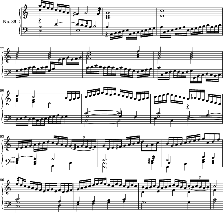 
\version "2.18.2"
\header {
  tagline = ##f
}

%% les petites notes
Mordgis     = { \tag #'print { gis4:16 } \tag #'midi { \times 2/3 { a16 gis a } gis8  }  }
Mordfisq    = { \tag #'print { fis4:16 } \tag #'midi { \times 2/3 { g16 fis g } fis8 }  }
Mordbh    = { \tag #'print { b8:32 } \tag #'midi { \times 2/3 { c32 b c } b16 }  }
Mordeh    = { \tag #'print { e8:32 } \tag #'midi { \times 2/3 { f32 e f } e16 }  }

upper = \relative c'' {
  \clef treble 
  \key c \major
  \time 4/4
  \tempo 2 = 60
  \hide Staff.TimeSignature
  \set Staff.midiInstrument = #"harpsichord"
  \override TupletBracket #'bracket-visibility = ##f
  \set Score.currentBarNumber = #74

   \partial 2 
   << { a'16 g f e d c b a | gis4 a2 \Mordgis | < a e c >1 < c e, > } \\ { d4 s4 } >>
   % mes. 77
   << { d2 d e2. f4 | e2 d d4 | c2 \tempo 2 = 50 b16 g a b | c d e f  \tempo 2 = 60 g f e f \tempo 2 = 68 e d c b  a g a b } \\ { < b g >2 q | < c g >2. < c a >4 | < c g >2 < b g > | < a f >4 < g e > d2 } >>
   % mes. 82
   c'16 d e f  e d c b  a bes a g  f e d c | d e f g  a b c d  c b a g \tempo 2 = 56 \times 4/6 { g16( fis g fis e fis) } 
   % mes. 84
   \tempo 2 = 60 g16 d \tempo 2 = 68 e fis g a b c \tempo 2 = 60 d8 g, a c | 
   % mes. 85
   \stemUp b16 g \tempo 2 = 68 a b  c d e f \tempo 2 = 60 g8 c, d f  | \Mordeh d16 c \tempo 2 = 68 b a g f e f g e f d e f  | g a b c  d e f e  d c e d  c b d c 
   % mes. 88
    b16 a b c  b a b c \tempo 2 = 60  d c b a  \tempo 2 = 56 \times 4/6 { c16( b c b a b) } \tempo 2 = 60 c2

}

lower = \relative c' {
  \clef bass
  \key c \major
  \time 4/4
  \hide Staff.TimeSignature
  \set Staff.midiInstrument = #"harpsichord"
    % ****************
   << { r4 d4~ | d8 c \Mordbh a8 b2 | a4 } \\ { < a d, >2 e1 | r4 \tempo 2 = 50 a,16 b c d e a, b \tempo 2 = 60 c d e f g } >>
   a16 c, d e f g a e f g a b c a b c | g a b c  d b c d \stemUp g, b \stemDown \change Staff = "upper" e16 f g e f g |
   \stemDown \change Staff = "lower" c,16 d e d c d c b c b a g f g a b |
   c16 c, e f  g f e f  g g, b c  d c b c | d e f d  e c d e f g a f g4
   << { c2~ c c r4 a4~ a~ a a2 } \\ { c,2~ c g' \stemUp f2~ f4 < e c >4 \stemDown a,4 d } \\ { g2~ g4 f \stemDown e c d2~ d4 } >>
   % mes. 84
   << { g2. \Mordfisq } \\ { < d g, >2. d4 } >>
   % mes. 85
   << { g2 c4 b c2. a4 g4 a b c \stemDown \change Staff = "upper" d4 e f d f } \\ { g,,4 c4 < g' e >4 < f d > | < g c, >2. d4 e f g a g2. g4 < c a >2 } \\ { d,4 } >>

} 

thePianoStaff = \new PianoStaff <<
    \set PianoStaff.instrumentName = #"No. 36"
    \new Staff = "upper" \upper
    \new Staff = "lower" \lower
  >>

\score {
  \keepWithTag #'print \thePianoStaff
  \layout { 
    \context {
      \Score
      \remove "Metronome_mark_engraver"
      \override SpacingSpanner.common-shortest-duration = #(ly:make-moment 1/2)
    }
  }
}

\score {
  \keepWithTag #'midi \thePianoStaff
  \midi { }
}
