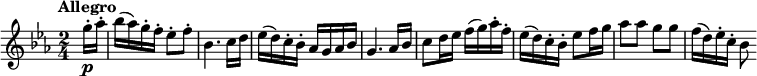 
\version "2.14.2"
 \relative c'' {
         \clef "treble" 
         \tempo "Allegro"
         \key ees \major
         \time 2/4 
         \tempo 4 = 160
     \partial 4 \partial 8   g'16-.\p aes-.
     bes (aes) g-. f-. ees8-. f-.
     bes,4. c16 d
     ees (d) c-. bes-. aes g aes bes
     g4. aes16 bes
     c8 d16 ees f (g) aes-. f-.
     ees (d) c-. bes-. ees8 f16 g
     aes8 aes g g
     f16 (d) ees-. c-. bes8
 }
