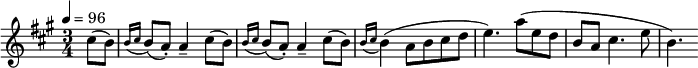 
\transpose c a {
\relative c' { \set Staff.midiInstrument = #"clarinet"
  \tempo 4 = 96
  \key c \major
  \time 3/4
  \partial4 e8( d) \acciaccatura { d16 e } d8( c-.) c4-- e8( d) \acciaccatura { d16 e } d8( c-.) c4-- e8( d) \acciaccatura { d16 e } d4( c8 d e f g4.)
  c8( g f d c e4. g8 d4.)
}
}
