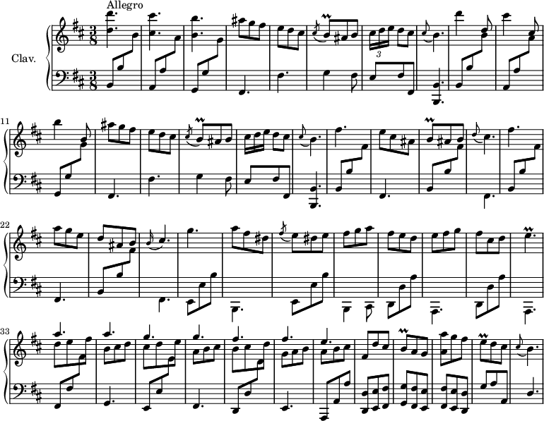 
\version "2.18.2"
\header {
  tagline = ##f
  % composer = "Domenico Scarlatti"
  % opus = "K. 409"
  % meter = "Allegro"
}

%% les petites notes
trillBq       = { \tag #'print { b8\prall } \tag #'midi { cis32 b cis b } }
appoCisB      = { \tag #'print { \appoggiatura cis8 b4. } \tag #'midi { cis4   \tempo 4. = 40 b8   \tempo 4. = 92 } }
appoCisD      = { \tag #'print { \appoggiatura cis8 b4. } \tag #'midi { cis4   \tempo 4. = 40 d8   \tempo 4. = 92 } }
trillEp       = { \tag #'print { e4.\prall } \tag #'midi { fis32 e fis e~ e4 } }
trillEq       = { \tag #'print { e8\prall } \tag #'midi { fis32 e fis e } }

upper = \relative c'' {
  \clef treble 
  \key b \minor
  \time 3/8
  \tempo 4. = 92
  \set Staff.midiInstrument = #"harpsichord"
  \override TupletBracket.bracket-visibility = ##f

      s8*0^\markup{Allegro}
      < d d' >4. | < cis cis' > | < b b' > | ais'8 g fis | e d cis | \acciaccatura cis8 \trillBq ais8 b | \times 2/3 { cis16 d e } d8[ cis] |
      % ms. 8
      \appoCisB | d'4 \stemUp d,8 |  \stemNeutral cis'4 \stemUp cis,8 |  \stemNeutral b'4 \stemUp b,8 |  \stemNeutral ais'8 g fis | e d cis | \acciaccatura cis8 \trillBq ais8 b | \omit TupletNumber \times 2/3 { cis16 d e } d8[ cis] |
      % ms. 16
      \appoCisB | fis'4. | e8 cis ais | \trillBq ais b | \appoggiatura d8 cis4. | fis4. | a8 g e | \stemUp d ais b | \stemNeutral
      % ms. 24
      \appoggiatura b16 \stemUp cis4. | \stemNeutral g'4. | a8 fis dis | \acciaccatura fis8 e8 dis e | fis g a | fis e d | e fis g | fis cis d |
      % ms. 32
      \trillEp | << { a4. a g g fis fis e } \\ { d8 e fis | b, cis d | cis d e | a, b cis | b cis d | g, a b | a b cis } >>
      % ms. 40
      fis,8 d' cis | \trillBq a8 g | < a a' > g' fis | \trillEq d8 cis | \appoCisD |

}

lower = \relative c' {
  \clef bass
  \key b \minor
  \time 3/8
  \set Staff.midiInstrument = #"harpsichord"
  \override TupletBracket.bracket-visibility = ##f

    % ************************************** 
      \repeat unfold 2 { \stemUp b,8 b' \stemDown \change Staff = "upper"  b' | \stemUp  \change Staff = "lower" a,, a' \stemDown \change Staff = "upper" a' | \stemUp  \change Staff = "lower" g,, g' \stemDown \change Staff = "upper"  g' | \stemNeutral  \change Staff = "lower" fis,,4. | fis' | g4 fis8 | e fis fis, | 
      % ms. 16
      < b, b' >4. } | \repeat unfold 4 { \stemUp b'8 b' \stemDown \change Staff = "upper" fis' | \stemNeutral  \change Staff = "lower" fis,,4. } | 
      % ms. 25
      e8 e' b' | b,,4. | e8 e' b' | b,,4 cis8 | \repeat unfold 2 { d d' a' | a,,4. } |
      % ms. 33
      \stemUp fis'8 fis' \stemDown \change Staff = "upper"  fis' | \stemNeutral  \change Staff = "lower" g,,4. | 
      \stemUp e8 e' \stemDown \change Staff = "upper"  e' | \stemNeutral  \change Staff = "lower" fis,,4. |
      \stemUp d8 d' \stemDown \change Staff = "upper"  d' | \stemNeutral  \change Staff = "lower" e,,4. |
      \stemUp a,8 a' a' |
      % ms. 40
      < d,, d' >8 < e e' > < fis fis' > | < g g' > < fis fis' > < e e' > | < fis fis' > < e e' > < d d' > | g' a a, | d4. 

}

thePianoStaff = \new PianoStaff <<
    \set PianoStaff.instrumentName = #"Clav."
    \new Staff = "upper" \upper
    \new Staff = "lower" \lower
  >>

\score {
  \keepWithTag #'print \thePianoStaff
  \layout {
      #(layout-set-staff-size 17)
    \context {
      \Score
     \override SpacingSpanner.common-shortest-duration = #(ly:make-moment 1/2)
      \remove "Metronome_mark_engraver"
    }
  }
}

\score {
  \keepWithTag #'midi \thePianoStaff
  \midi { }
}
