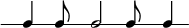 
\new RhythmicStaff {
  \new Voice {
    \cadenzaOn
    \override Score.NonMusicalPaperColumn.padding = #3
    \override Staff.TimeSignature.stencil = ##f
    c4 c8 c2 c8 c4
  }
}
