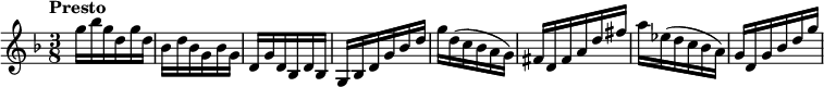 
{
% 0
    \tempo "Presto"
\set Staff.midiInstrument=violin
\numericTimeSignature \time 3/8 \key d \minor g''16 bes''16 g''16 d''16 g''16 d''16 bes'16 d''16 bes'16 g'16 bes'16 g'16 |
%
% 1
    d'16 g'16 d'16 bes d'16 bes16 g16 bes16 d'16 g'16 bes'16 d''16 | g''16 d''16 ( c''16 bes'16 a'16 g'16 ) |
% 2
 fis'16 d'16 fis'16 a'16 d''16 fis''16 a''16 ees''16 ( d''16 c''16 bes'16 a'16 ) g'16 d'16 g'16 bes'16 d''16 g''16

\bar "|"
}
