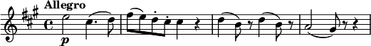 
\new Score {
  \new Staff = "clarinet" {
    \transpose c a
    \relative c'' {
      \set Staff.midiInstrument = #"clarinet"
      \clef treble
      \key c \major
      \time 4/4
      \tempo "Allegro"
      \set Score.tempoHideNote = ##t
      \tempo 4 = 120

      g2\p e4.( f8) | a8( g) f-. e-. e4 r |
      f4( d8) r f4( d8) r | c2( b8) r r4
    }
  }
}
