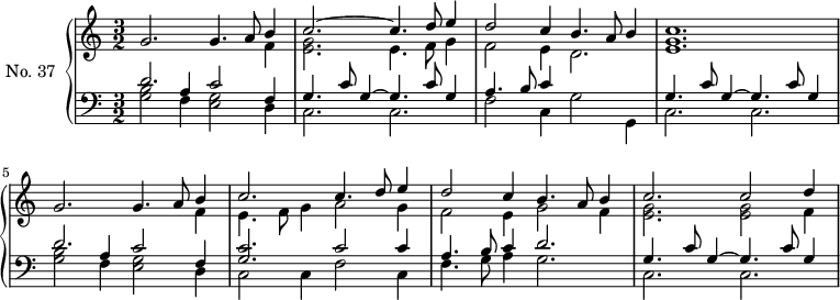 
\version "2.14.2"
\header {
  tagline = ##f
}
upper = \relative c'' {
  \clef treble 
  \key a \minor
  \time 3/2
  \tempo 2 = 78
  \autoBeamOff
  \set Staff.midiInstrument = #"harpsichord"

  << { g2. g4. a8 b4 } \\ { s2 s2 s4 f4 } >>
  << { c'2.~ c4. d8 e4 } \\ { << g,2. e2. >> e4. f8 g4 } >>
  << { d'2 c4 b4. a8 b4  } \\ { f2 e4 d2. } >>
  << c'1. g1. e1. >>

  << { g2. g4. a8 b4 } \\ { s2 s2 s4 f4 } >>
  << { c'2. c4. d8 e4 } \\ { e,4. f8 g4 a2 g4 } >>
  << { d'2 c4 b4. a8 b4  } \\ { f2 e4 g2 f4 } >>
  << { c'2. c2 d4  } \\ { << g,2. e2. >> << g2 e2 >> f4 } >>
}

lower = \relative c {
  \clef bass
  \key a \minor
  \time 3/2
  \set Staff.midiInstrument = #"harpsichord"

  << { d'2. c2 f,4 } \\ { << b2 g2 >>  f4 << g2 e2 >> d4 } \\ { s2 a'4 } >>
  << { g4. c8 g4~ g4. c8 g4 } \\ { c,2. c2. } >>
  << { a'4. b8 c4 } \\ { f,2 c4 g'2 g,4 } >>
  << { g'4. c8 g4~ g4. c8 g4 } \\ { c,2. c2. } >>

  << { d'2. c2 f,4 } \\ { << b2 g2 >>  f4 << g2 e2 >> d4 } \\ { s2 a'4 } >>
  << { << c2. g2. >> c2 c4 } \\ { c,2 c4 f2 c4 } >>
  << { a'4. b8 c4 d2. } \\ { f,4. g8 a4 g2. } >>
  << { g4. c8 g4~ g4. c8 g4~ } \\ { c,2. c2. } >>
}

\score {
  \new PianoStaff <<
    \set PianoStaff.instrumentName = #"No. 37"
    \new Staff = "upper" \upper
    \new Staff = "lower" \lower
  >>
  \layout {
    \context {
      \Score
      \remove "Metronome_mark_engraver"
    }
  }
  \midi { }
}
