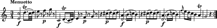 
\relative c'' {
    \version "2.18.2"
    \key c \major
    \time 3/4
    \tempo "Menuetto"
   <e, c'>2\f d'8. \trill (c32 d)
   e8  r8 f \p r8 g r8
   c,,2\f d8.  \trill (c32 d)
   e8 r8 f\p r8 g r8
   r4 cis8 \p (d) cis (d)
   << {d,2.} {a'4.\f (b16 c! b4)}>>
   r4 cis8 \p (d) cis (d)
   << {d,2.} {a'4.\f (b16 c! b4)}>>
   \grace f'16 (e8) d16 c b4 a\trill
   g2 r4 \bar ":|."
  }
