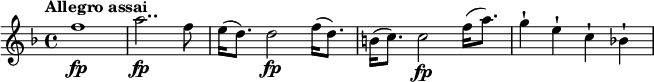 
\relative c'' {
 \version "2.18.2"
 \key f \major
 \time 4/4
 \tempo "Allegro assai"
 \tempo 4 = 130
   f1\fp |
   a2..\fp f8 |
   e16 (d8.) d2\fp f16 (d8.) |
   b16 (c8.) c2\fp f16 (a8.) |
   g4-! e-! c-! bes!-! |
}
