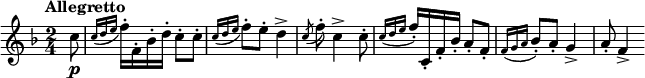 \relative c'' {
\key f \major
\time 2/4
\tempo "Allegretto"
\partial 8
c8\p | \acciaccatura { c16 d e } f16-. f,-. bes-. d-. c8-. c-. | \acciaccatura { c16 d e } f8-. e-. d4-> | \acciaccatura c8 f-. c4-> c8-. |
\acciaccatura { c16 d e } f16-. c,-. f-. bes-. a8-. f-. | \acciaccatura { f16 g a } | bes8-. a-. g4-> | a8-. f4-> 
}