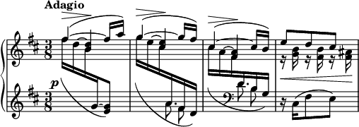 
 \relative c' {
   \new PianoStaff <<
    \new Staff = "upper" {
      \time 3/8
      \key b \minor
      \tempo "Adagio"
      \clef "treble"
      <<
        \new Voice \relative c'' {
          \voiceOne fis4~( fis16 a) | g4~( g16 fis) | cis4~( cis16 b) | e8 d cis |
        }
        \new Voice \relative c'' {
          \voiceThree 
          s16^\> \voiceTwo \hide Stem d^~ \voiceThree \undo \hide Stem <b d>4\! | 
          s16^\> \voiceTwo \hide Stem e^~ \voiceThree \undo \hide Stem <cis e>4\! | 
          s16^\> \voiceTwo \hide Stem a^~ \voiceThree \undo \hide Stem <fis a>4\! | 
          \voiceTwo r16 <g b> r <fis b> r <fis ais> | 
        }
      >>
   }
   \new Dynamics { s4.-\markup{\hspace #-2 \dynamic "p"} | s4. | s4. | s4\< s16 s16\! |}
   \new Staff = "lower" { 
      \time 3/8
      \key b \minor
      \mergeDifferentlyDottedOn
      <<
        \new Voice \relative c'' {
          \shape #'((0 . 1) (0 . 0) (0 . -0.6) (0 . 0)) Slur
          \change Staff = "upper" \voiceTwo fis16( d b \change Staff = "lower" \voiceOne g~ <e g>8) |
          \shape #'((0 . 0) (-0.3 . -2) (-0.6 . -3) (0 . -1)) Slur
          \change Staff = "upper" \voiceTwo g'16( e cis \change Staff = "lower" \voiceOne a fis d) | 
          \shape #'((0 . -2) (-1 . -3.5) (-0.5 . -3) (0 . -1.5)) Slur
          \change Staff = "upper" \voiceTwo cis'16( a fis \change Staff = "lower" \voiceOne d b g) | 
          \oneVoice r16 cis,( fis8 e) |
        }
        \new Voice \relative c'' {
          \clef "treble" s4. | s8. << { \voiceTwo a8. } \\ { \voiceFour s16 fis8 } >> | 
          s8. \clef "bass" << { \voiceTwo d8. } \\ { s16 b8 } >> | 
        }
      >>
   }
  >>
 }
