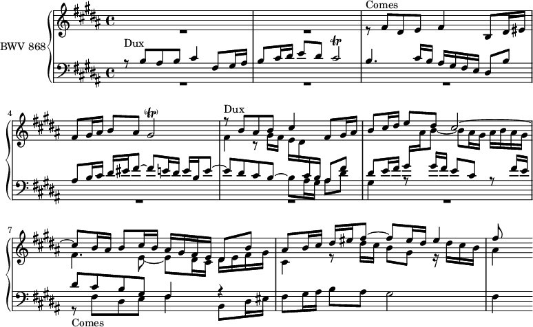 
\version "2.18.2"
\header {
  tagline = ##f
}

TrillcisB   = { \tag #'print { cis2\trill } \tag #'midi { dis32 cis dis cis  dis cis dis cis  dis cis dis cis~ cis8 }  }

Dux    = { r8^\markup{Dux} b8 ais b cis4 fis,8 gis16 ais b8 cis16 dis e8 dis cis2~ }
DuxT   = { r8^\markup{Dux} b8 ais b cis4 fis,8 gis16 ais b8 cis16 dis e8 dis \TrillcisB }
Comes  = { r8_\markup{Comes} fis8[ dis e] fis4 b,8 dis16 eis fis8 gis16 ais b8 ais gis2~ }
ComesT = { r8^\markup{Comes} fis8[ dis e] fis4 b,8 dis16 eis fis8 gis16 ais b8 ais gis2~-\parenthesize^\trill }

upper = \relative c' {
  \clef treble 
  \key b \major
  \time 4/4
  \tempo 4 = 60
  \set Staff.midiInstrument = #"harpsichord" 

   %% FUGUE CBT I-23, BWV 868, si majeur 
   << { s1*4 \relative c'' \Dux cis'8 b16 ais b8 cis16 b ais gis fis e dis8 b' ais b16 cis dis eis fis8~ fis eis16 dis eis4  fis8 } \\ { R1*2 \stemUp \relative c' \ComesT \stemDown fis,4 r8 gis16 fis e dis \stemUp \change Staff = "lower" cis b ais8 fis' dis e16 fis gis  \stemDown \change Staff = "upper"  ais b8~ b ais16 gis ais b ais gis fis4. e8~ e dis16 cis dis e fis gis cis,4 r8 dis'16 cis b8 gis r16 dis'16 cis b ais4 } >>
}

lower = \relative c' {
  \clef bass 
  \key b \major
  \time 4/4
  \set Staff.midiInstrument = #"harpsichord" 
    
   << { \DuxT b4. cis16 b ais gis fis e dis8 b' ais b16 cis dis eis fis8~ fis e16 dis e b e8~ e dis cis b~ \stemDown b ais16 gis ais8 dis gis,4 a8\rest \stemUp gis'16 fis e8 cis r8 fis16 e dis8 cis b gis fis4 r4 } \\ { R1*6 \relative c \Comes fis4} >>
    
} 


 thePianoStaff = \new PianoStaff <<
    \set PianoStaff.instrumentName = #"BWV 868"
    \new Staff = "upper" \upper
    \new Staff = "lower" \lower
  >>

\score {
  \keepWithTag #'print \thePianoStaff
  \layout {
    \context {
      \Score
      \remove "Metronome_mark_engraver"
      %\override SpacingSpanner.common-shortest-duration = #(ly:make-moment 1/3) 
    }
  }
}

\score {
  \keepWithTag #'midi \thePianoStaff
  \midi { }
}
