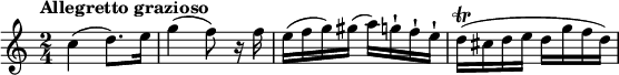 
\relative c'' {
  \key c \major
  \time 2/4
  \tempo "Allegretto grazioso"
  c4(d8.) e16 | g4(f8) r16 f | e(f g) gis(a) g-! f-! e-! | d\trill(cis d e d g f d) |
}
