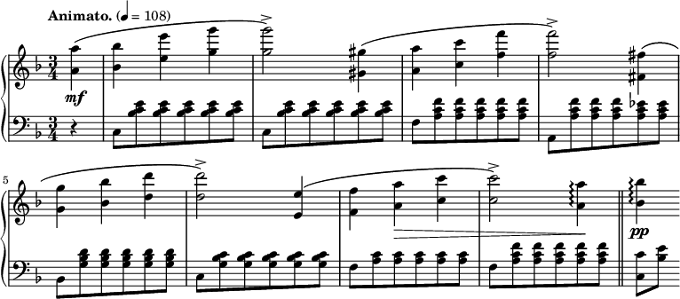 
%source : http://imslp.org/wiki/Special:ReverseLookup/779
\new PianoStaff <<
  \new Staff = "right" \relative c'' {
    \key f \major
    \numericTimeSignature
    \time 3/4
    \partial 4
    \tempo "Animato." 4=108
    <a a'>4\(\mf
    <bes bes'> <e e'> <g g'>
    <g g'>2\)-> <gis, gis'>4\(
    <a a'> <c c'> <f f'>
    <f f'>2\)-> <fis, fis'>4\(
    <g g'> < bes bes'> <d d'>
    <d d'>2\)-> <e, e'>4\(
    <f f'> <a a'>\> <c c'>
    <c c'>2\)-> <a a'>4\!\arpeggio \bar "||"
    <bes bes'>\pp\arpeggio
  }
  \new Staff = "left" {
    \clef bass \relative c {
      \key f \major
      \numericTimeSignature
      \time 3/4
      \partial 4
      \tempo "Animato." 4=108
      r4
      c8 <bes' c e> <bes c e> <bes c e> <bes c e> <bes c e>
      c,8 <bes' c e> <bes c e> <bes c e> <bes c e> <bes c e>
      f <a c f> <a c f> <a c f> <a c f> <a c f>
      a, <a' c f> <a c f> <a c f> <a c es> <a c es>
      bes, <g' bes d> <g bes d> <g bes d> <g bes d> <g bes d>
      c, <g' bes c> <g bes c> <g bes c> <g bes c> <g bes c>
      f <a c> <a c> <a c> <a c> <a c>
      f <a c f> <a c f> <a c f> <a c f> <a c f> \bar "||"
      <c, c'>[ <bes' e>]
    }
  }
>>
