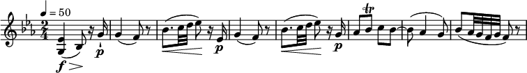 
\relative c'' {
  \key ees \major
  \time 2/4
  \tempo 4 = 50
  \tempo "Andante moderato"
  <g, ees'>4\f\> (bes8)\!  r16 g'16-!\p
  g4 (f8) r8
  bes8. \< (c32 d ees8)\! r16 ees,16\p
   g4 (f8) r8
   bes8. \< (c32 d ees8)\! r16 g,16\p
   aes8 bes\trill c bes ~
   bes (aes4 g8)
   bes (aes32 g f g f8) r8
}
