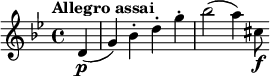 { \time 4/4 \key bes \major \tempo "Allegro assai" \partial 4 { d'4 \p ( g') bes'-. d''-. g''-. bes''2 ( a''4 ) cis''8 \f } }