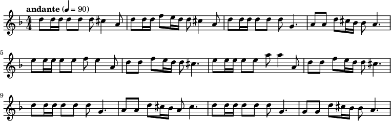 
{
% 0
\numericTimeSignature \tempo "andante" 4 = 90 \time 4/4 \key d \minor

d''8 d''16 d''16 d''8 d''8 d''8 cis''4 a'8 d''8 d''16 d''16 f''8 e''16 d''16 d''8 cis''4 a'8 d''8 d''16 d''16 d''8 d''8 d''8 g'4. a'8 a'8 d''8 cis''16 bes'16 bes'8 a'4.

e''8 e''16 e''16 e''8 e''8 f''8 e''4 a'8 d''8 d''8 f''8 e''16 d''16 d''8 cis''4. e''8 e''16 e''16 e''8 e''8 a''8 a''4 a'8 d''8 d''8 f''8 e''16 d''16 d''8 cis''4.

d''8 d''16 d''16 d''8 d''8 d''8 g'4. a'8 a'8 d''8 cis''16 bes'16 a'8 cis''4. d''8 d''16 d''16 d''8 d''8 d''8 g'4. g'8 g'8 d''8 cis''16 bes'16 bes'8 a'4.
\bar "|"
}
