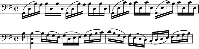 
 \header {
     tagline = ##f
 }
 
 \score {
   \new Staff \relative g, {
     \clef bass
     \key g \major
     \repeat unfold 2 { g16( d' b') a b d, b' d, } |
     \repeat unfold 2 { g,16( e' c') b c e, c' e, } |
   }
   \layout {}
   \midi {}
 }

 \score {
   \new Staff \relative b {
     \clef bass
     \key g \major
     \partial 16 b16 |
     <g, d' b'~>4 b'16 a( g fis) g( d e fis) g( a b c) |
     d16( b g fis) g( e d c) b(c d e) fis( g a b) |
   }
   \layout {}
   \midi {}
 }
