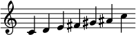 
\new staff \relative c'  {\time 9/4 \override Score.BarLine.stencil = ##f \override Score.TimeSignature.stencil = ##f c d e fis gis ais c}
 