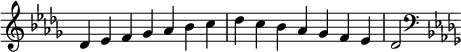   {
\override Score.TimeSignature #'stencil = ##f
\relative c' {
  \clef treble \key des \major \time 7/4 des4 es f ges aes bes c des c bes aes ges f es des2
  \clef bass \key des \major
} }
