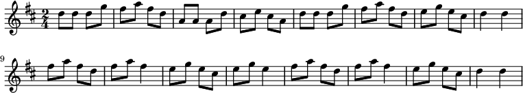 
{
  \key d \major
  \time 2/4
  d''8 d''8 d''8 g''8 fis''8 a''8 fis''8 d''8 a'8 a'8 a'8 d''8 cis''8 e''8 cis''8 a'8 d''8 d''8 d''8 g''8 fis''8 a''8 fis''8 d''8 e''8 g''8 e''8 cis''8 d''4 d''4
  fis''8 a''8 fis''8 d''8 fis''8 a''8 fis''4 e''8 g''8 e''8 cis''8 e''8 g''8 e''4 fis''8 a''8 fis''8 d''8 fis''8 a''8 fis''4 e''8 g''8 e''8 cis''8 d''4 d''4
}
