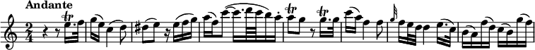 
\relative c'' {
    \version "2.18.2"
    \key c \major
    \time 2/4
    \tempo "Andante"
    \tempo 4 = 60 
    | r4 r8 e16.\trill f32
    | g16( e) c4( d8)
    | dis( e) r16 e( f g)
    | a( f) c'8( ~ c16. d64 c b16) a-.
    | a8\trill g r g16.\trill g32
    | c16( a) f4 f8
    | \grace { g32 } f16 e32 d d4 e16.( c32)
    | b16( a) f'( d) c( b) g'( f)
}
