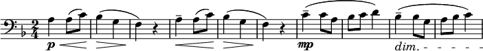 
\relative c' {  
   \new Staff  { \key f \major  \time 2/4 \clef bass
      a4-\p-\< a8( c8) | bes4(\> g | f)\! r | a4--\< a8( c8) | bes4(\> g | f)\! r |
       c'4\mp--( c8 a | bes c d4) | bes4--(\dim bes8 g | a bes c4) |\!
     }}
