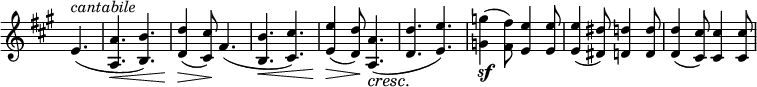 
\relative c' \new Staff \with { \remove "Time_signature_engraver" } {
 \key a \major \time 6/8 \set Score.tempoHideNote = ##t \tempo "" 4=140 \partial 4.
 e4.^\markup \italic cantabile ( <a a,>\< <b b,>)
 <d d,>4\> ( <cis cis,>8\! ) fis,4.( <b b,>\< <cis cis,>)
 <e e,>4\> ( <d d,>8\! ) <a a,>4.\cresc ( <d d,>\! <e e,>)
 <g g,>4\sf ( <fis fis,>8) <e e,>4 q8 q4( <dis dis,>8) <d d,>4 q8
 q4( <cis cis,>8) q4 q8
}
