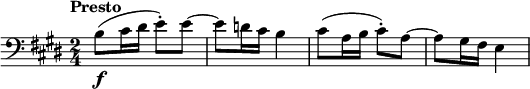 \relative c' {
\key e \major
\time 2/4
\tempo "Presto"
\clef "bass"
b8(\f cis16 dis e8-.) e~ | e d16 cis b4 | cis8( a16 b cis8-.) a~ | a gis16 fis e4 | 
}