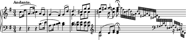 
\relative c'' {
  \new PianoStaff <<
   \new Staff = "R" {
    \key g \major \time 3/4 \set Score.tempoHideNote = ##t \tempo "Andante." 4=60 \partial 4
    <<
     {
      \stemNeutral c8.( e16 a,8. b16 c4) a8( g) g4( fis) \stemUp g8( d')
      d4. cis8 g' g g gis a4 a8\fermata \stemNeutral
      \grace { a32[ fis cis d fis d gis, a] d[ a eis fis a fis cis d]
      \stemDown fis[ d \change Staff = "L" \clef bass \stemUp gis, a d a eis fis]
      << { a[ fis cis] } \\ { b16\rest s32 } >> << { b'16\rest s32 } \\ { d,[ a fis] } >> }
     }
    \\
     { s4 s2. s g''4. g8 cis cis cis4 b8( <g' cis,>) <fis d> }
    >>
   }
   \new Staff = "L" { \key g \major \time 3/4 \clef bass
    r4 r r c,8.( e16 a,8. b16 <d c>4) <d b> q <e bes>8 q <e a,> q
    \clef treble << { e4( d8[ <g e>] ) <fis d>\fermata } \\ { a,2 } >> 
   }
  >>
 }
