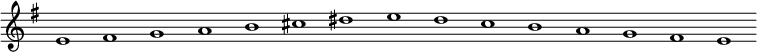 
\new Staff {
  \relative c' {
    \key e \minor
    \override Staff.TimeSignature #'stencil = ##f
    \override Staff.BarLine #'stencil = ##f
     e1 fis g a b cis dis e d c b a g fis e
  }
}
\midi {
  \context {
    \Score
    tempoWholesPerMinute = #(ly:make-moment 120 1)
  }
}
