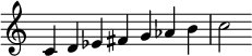  {
\override Score.TimeSignature #'stencil = ##f
\relative c' {
  \clef treble \time 7/4
  c4 d es fis g aes b c2
} }
