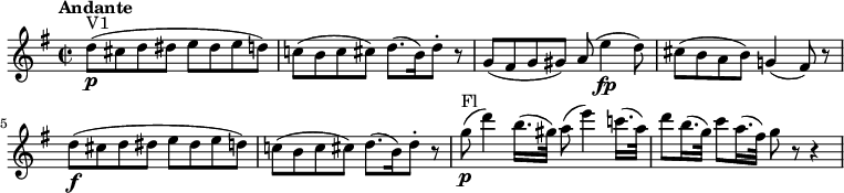 
<< \new Staff
    \relative c'' {
    \version "2.18.2"
    \key g \major 
    \tempo "Andante"
    \time 2/2
    \tempo 4 = 80
  d8\p ^\markup {V1} (cis d dis e dis e d)
  c! (b c cis) d8. (b16) d8-. r
  g, (fis g gis) a (e'4\fp d8)
  cis (b a b) g!4 (fis8) r
  d'8\f (cis d dis e dis e d)
  c! (b c cis) d8. (b16) d8-. r
  g\p ^\markup {Fl} (d'4) b16. (gis32) a8 (e'4) c!16. (a32)
  d8 b16. (g32) c8 a16. (fis32) g8 r r4
}
>>
