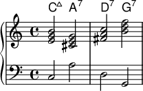 <<
    \new ChordNames \chordmode {
  c2:maj a2:7 d2:7 g:7 
  
}
     \new PianoStaff <<   \new Staff \relative c'{
< e g b > < cis e g > < fis a c> <b d f> }
\new Staff { \clef bass c2 a2 d2 g,2 }>>
  >>