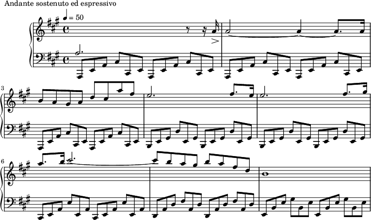 
\version "2.18.2"
\header {
  tagline = ##f
}
upper = \relative c'' {
  \clef treble 
  \key a \major
  \time 4/4
  \tempo 4 = 50
  %\autoBeamOff

   %%Montgeroult — Étude 110 (pdf p. 192)
   
   \stemUp \change Staff = "lower" a,2. \change Staff = "upper" r8 r16 a'16\> a2~\! a4~ a8. a16 b8 a gis a d cis a' fis e2. fis8. e16 e2. fis8. gis16 a8. b16 cis2.~ cis8 b a gis b a fis d b1

}

lower = \relative c {
  \clef bass
  \key a \major
  \time 4/4

   \omit TupletNumber \repeat unfold 6 { \times 2/3 { a,8 e' a } \times 2/3 { cis cis, e }  } 
   \repeat unfold 4 { \times 2/3 { b e gis } \times 2/3 { d' e, gis } }
   \repeat unfold 2 { \times 2/3 { cis, e a } \times 2/3 { e' e, a } }
   \repeat unfold 2 { \times 2/3 { d, a' d } \times 2/3 { fis a, d } }
   \repeat unfold 2 { \times 2/3 { e, b' e } \times 2/3 { gis b, e } }

}

  \header {
    piece = "Andante sostenuto ed espressivo"
  }

\score {
  \new PianoStaff <<
    \new Staff = "upper" \upper
    \new Staff = "lower" \lower
  >>
  \layout {
    \context {
      \Score
      
    }
  }
  \midi { }
}
